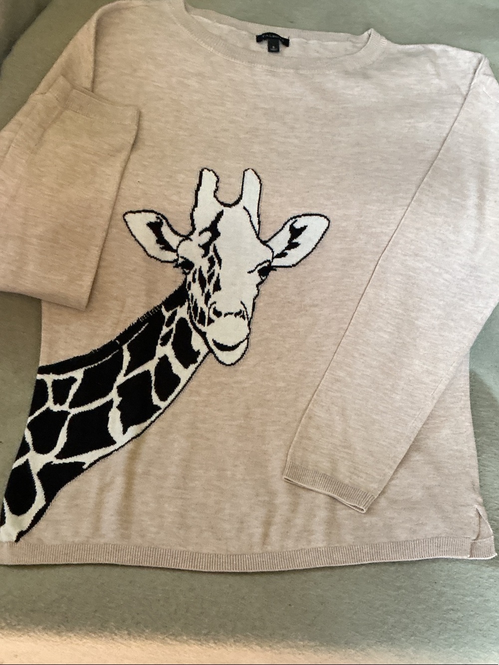 Talbots Beige Knit Sweater with Black & White Giraffe Motif